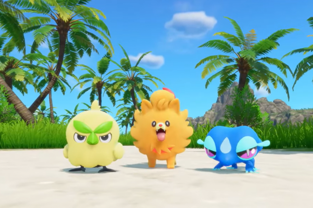 Browt, Pombon and Gecqua, three first-partner Pokémon shown on a sunny island.