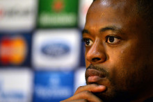 Patrice Evra lors d'une conférence de presse avant un match de Ligue des champions avec Manchester United