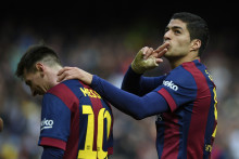Les deux attaquants du FC Barcelone Lionel Messi et Luis Suarez lors du match contre le rayo Vallecano, le 8 mars 2015.