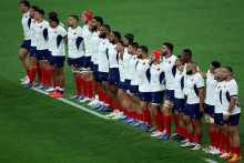 Les joueurs de l'équipe de France  de rugby face à la Nouvelle-Zélande au Stade de France à Saint-Denis, le 8 septembre 2023.