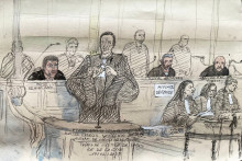 Croquis du tribunal, 17 février 2025, montre l'avocat français Francis Vuillemin, lors du procès de son client, le tueur du Musée juif de Bruxelles, Mehdi Nemmouche (à gauche).