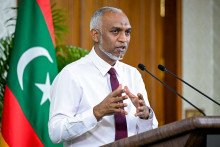Le président des Maldives, Mohamed Muizzu, durant la conférence de presse le 3 mai 2025.