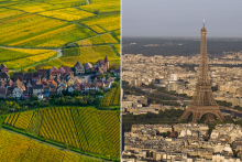 Village de  Zellenberg dans le Haut Rhin (G) et Paris, la capitale (D).