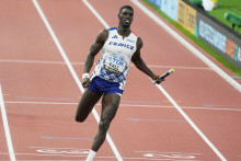 Mouhamadou Fall, série 1 du relais 4x100 m messieurs lors des Championnats du monde d'athlétisme 2023, le 25 août 2023 au Centre athlétique national de Budapest, Hongrie