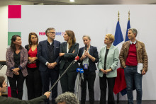 Johanna Rolland, Olivier Faure, Marine Tondelier, Lucie Castets, Clementine Autain, et Francois Ruffin à Trappes, le 15 novembre 2025.