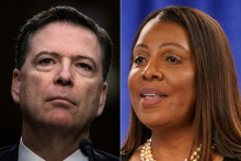 De gauche à droite, l'ancien directeur du FBI James Comey au Capitole, le 8 juin 2017 à Washington, DC, et la procureure générale de New York Letitia James à New York le 16 février 2024.