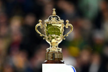 La coupe Webb-Ellis après la finale de la Coupe du monde de rugby entre la Nouvelle-Zélande et l'Afrique du Sud au Stade de France, le 28 octobre 2023