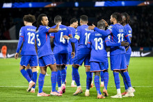 L'équipe de France célèbre un but contre l'Ukraine lors des éliminatoires à la Coupe du monde, le 13 novembre 2025 au Parc des Princes.