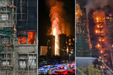 Les pompiers arrosent les flammes alors qu'un incendie majeur ravage plusieurs immeubles d'habitation dans le quartier résidentiel de Wang Fuk Court, dans le district de Tai Po à Hong Kong, le 27 novembre 2025.