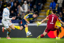 Le défenseur de l'Union Saint-Gilloise Kevin Mac Allister lors de son but refusé face à l'OM en Ligue des champions, le 9 décembre 2025 à Bruxelles.