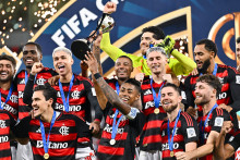 Les joueurs de Flamengo après leur victoire en demi-finale de la Coupe intercontinentale de la Fifa face au Pyramids FC, le 13 décembre 2025 à Doha.