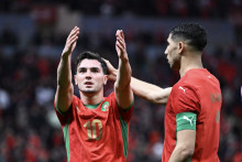 Les Marocains Brahim Diaz et Achraf Hakimi lors du 8e de finale de la CAN contre la Tanzanie, le 4 janvier 2026 à Rabat.
