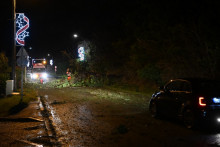 Des ouvriers dégagent une route encombrée par des arbres tombés après le passage de la tempête Goretti à Banville, le 9 janvier 2025.