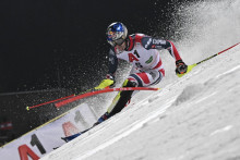 Le skieur Clément Noël lors de la deuxième manche du slalom de Coupe du monde à Schladming, le 28 janvier 2026.