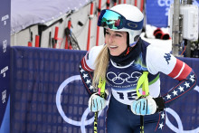 Lindsey Vonn lors à l'entraînement, le 7 février 2026, à la veille de l'épreuve de descente aux JO d'hiver de Milan-Cortina.