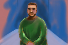 Un croquis de l'artiste Rocco Fazzari montre Naveed Akram, accusé de la fusillade de Bondi, comparaissant par visioconférence devant le tribunal local de Downing Centre à Sydney le 16 février 2026.