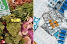 Des légumes en vente en supermarché et des médicaments (illustration).