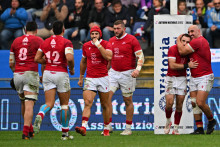 L'équipe de rugby de Géorgie lors du test-match international de rugby à XV de l'Autumn Nations Series entre l'Italie et la Géorgie, au stade Luigi Ferraris de Gênes, le 17 novembre 2024.