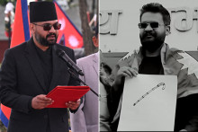 Balendra Shah lors de son investiture le 27 mars à Katmandou (gauche), capture d'écran de son clip pour fêter sa victoire (droite)