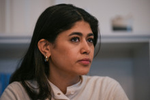 Rima Hassan lors d'une conférence de presse, le 3 avril 2026