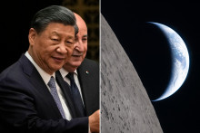 Le président chinois Xi Jinping et un cliché de la Terre vu depuis la Lune par les équipes de la mission Artemis II.