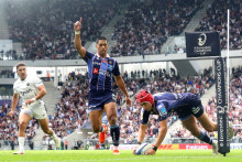 Louis Bielle-Biarrey marque un essai pour l'UBB face à Bath lors de la demi-finale de la Champions Cup au stade Atlantique de Bordeaux, le 3 mai 2026.