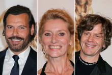 Laurent Lafitte, Elsa Lepoivre et Alex Lutz, lors de la 37e cérémonie des Molières, la plus haute distinction théâtrale française, au théâtre des Folies Bergère à Paris, le 4 mai 2026.