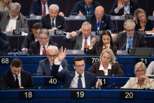 Jordan Bardella, le 29 avril 2026 au Parlement européen à Strasbourg