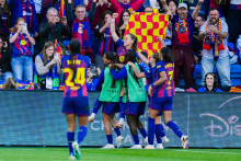 Ewa Pajor, attaquante du FC Barcelone, célèbre son score lors de la Ligue des champions féminines de l'UEFA, le 23 mai 2026.