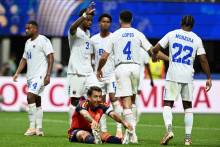 Les joueurs du Cap-Vert célèbrent le match nul décroché contre l'Espagne à la Coupe du monde, le 15 juin 2026 à Atlanta.