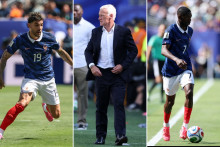 Théo Hernandez, Didier Deschamps et Ousmane Dembélé lors de la victoire de l'équipe de France contre le Sénégal, le 16 juin 2026 au MetLife Stadium.