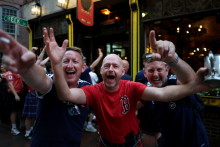 Des supporters écossais rassemblés à la veille du match de football du groupe C de la Coupe du monde 2026 entre le Maroc et l'Écosse à Boston, le 18 juin 2026.