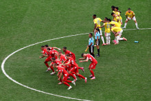 Les joueurs suisses célèbrent la qualification aux tirs au but (0-0, 4 tab à 3) contre la Colombie en huitièmes de finale de la Coupe du Monde
