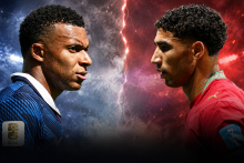 Un montage photo avec le Français Kylian Mbappé, photographié le 16 juin 2026 à East Rutherford, et le Marocain Achrak Hakimi, photographié le 24 juin 2026 à Atlanta (Etats-Unis), durant la Coupe du monde de football de la Fifa.