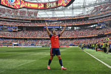 L'Espagnol Mikel Merino après avoir inscrit le deuxième but des siens en quart de finale de la Coupe du monde face à la Belgique, le 10 juillet 2026 à Los Angeles.