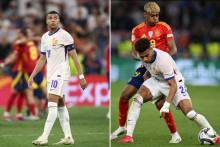 Kylian Mbappé lors de la défaite des Bleus contre l'Espagne à l'Euro 2024 et Désiré Doué au duel avec Lamine Yamal lors de celle en Ligue des nations 2025.
