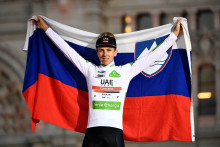 Tadej Pogacar lors de son unique participation à la Vuelta le 15 septembre 2019 à Madrid en Espagne.
