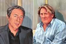Richard Berry et Gérard Depardieu sur la fresque "Le Café des acteurs" à Levallois-Perret (Hauts-de-Seine)