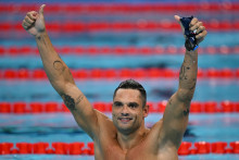 Florent Manaudou aux JO de Paris 2024, le 2 août, après avoir gagné la médaille de bronze.