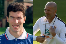 Zinédine Zidane comme joueur de l'équipe de France en 1994, et comme sélectionneur en 2026 à Clairefontaine.
