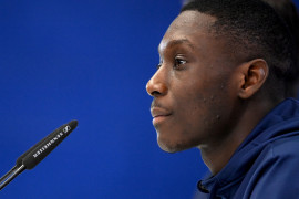 L'attaquant français Randal Kolo Muani qui donne une conférence de presse à Doha, le 16 décembre 2022, pendant la Coupe du monde de football Qatar.