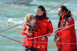 Samantha Davies, Romain Attanasio et leur fils Ruben aux Sables-d'Olonne le 26 février 2021