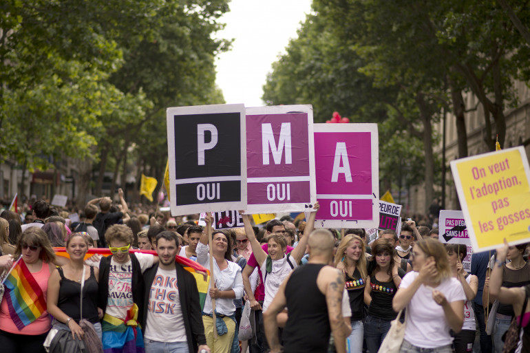 Des personnes militent pour la PMA lors de la Gay Pride 2013 à Paris.