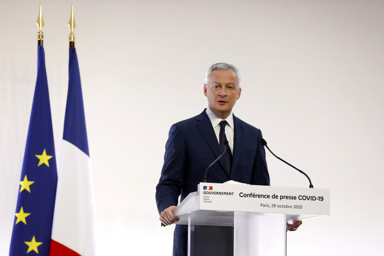 Le ministre de l'Économie Bruno Le Maire lors d'un point presse, le 29 octobre 2020 à Paris.