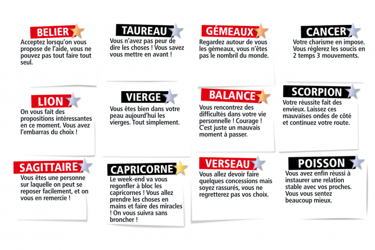 Grille de prévisions astrologiques hebdomadaires avec des médailles de bronze, argent et or pour divers signes du zodiaque.