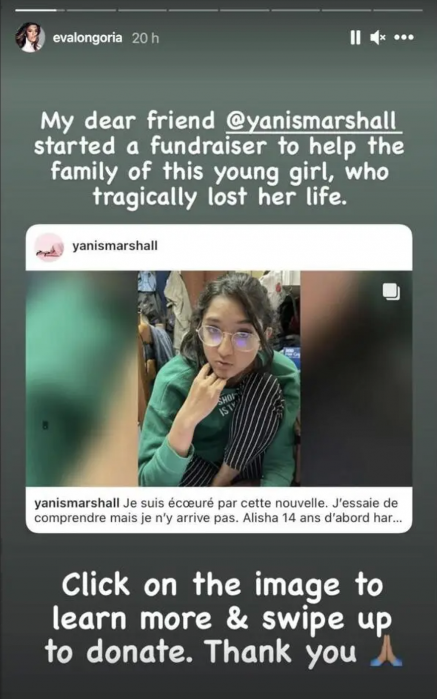 Je N'arrive Pas A Reposter Une Story Instagram Mort d'Alisha : Eva Longoria diffuse un appel aux dons sur Instagram