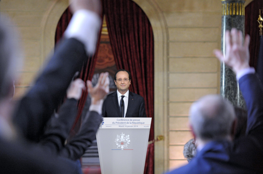 Le président de la République, François Hollande, devant 600 journalistes réunis lors de sa conférence de presse, le mardi 14 janvier 2014 à l'Élysée.