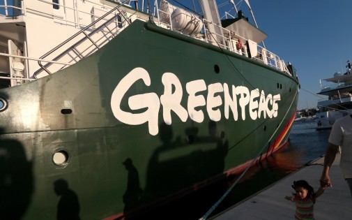 Le navire Rainbow Warrior de l'ONG Greenpeace dans le port d'Acapulco, le 17 janvier 2014