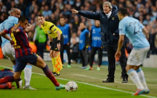 Manuel Pellegrini, l'entraîneur de Manchester City, lors du match de son équipe contre le Barça en Ligue des champions, le 18 février 2014.