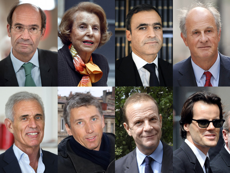 Eric Woerth, Liliane Bettencourt, Pascal Wilhelm, Patrice de Maistre, Carlos Vejarano, Stephane Courbit, Francois-Marie Banier et Martin d'Orgeval.